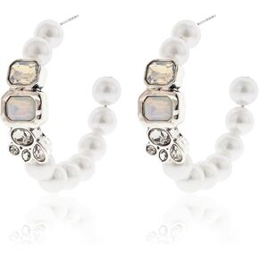 أقراط دائرية من اللؤلؤ، حلقات لؤلؤية كبيرة مع لمسة كريستالية، مجوهرات كلاسيكية فضية اللون للنساء in Kuwait