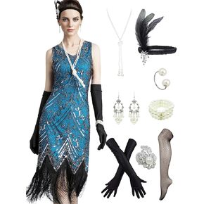 LELOVEFU Women's Flapper Dresses 1920s Vintage Sleeveless Sequin Fringe Midi Dresses w/Accessories set in Kuwait