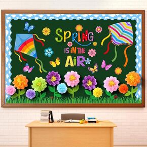 Blosssound 86 Pcs Spring is in The Air Bulletin Board Set Spring Flower Kite Cutouts with 3D Tissue Paper Pompoms Colorful Floral Butterfly Classroom Decorations for School Home Decor Supplies in Kuwait