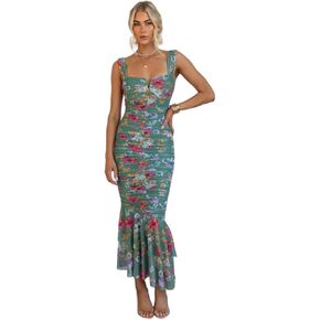 فستان نسائي طويل مثير بدون أكمام من Bodycon مزين بالورود، فستان ماكسي بذيل السمكة مكشكش بدون ظهر، فساتين طويلة in Kuwait