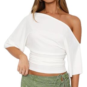 Women Off The Shoulder Tops Y2K Striped Short Sleeve Oversized T-Shirt Dolman Ruched Tees Summer Going Out Shirt in Kuwait