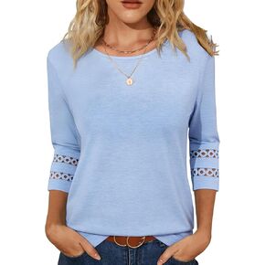 Womens Tops 3/4 Sleeve Petite Dressy Casual Blouses Hollow Out Three Quarter Length T-Shirts in Saudi Arabia