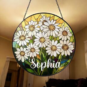 Personalized Daisy Stained Glass Suncatcher, Round Window Hanging, Custom Name Birth Month Flower Gift, for Mom in Kuwait