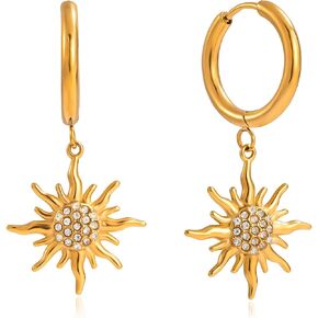 Gold Sun Hoop Earrings for Women – Dangle Sunburst Charm with Cubic Zirconia – Gold Plated Drop Earrings for Daily Wear and Gifts in Kuwait