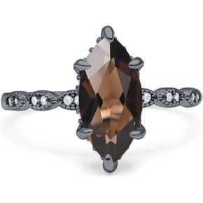 OMRANII Art Deco Marquise Shape Natural Smoky Quartz Vintage Solitaire Hidden Halo Engagement Ring CZ Stones 925 Sterling Silver in Kuwait