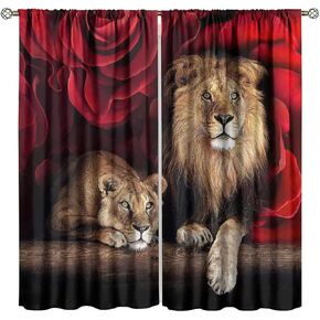 Lion Curtains Africa Wildlife Window Curtain Panels for Teens Adult Bedroom Red Rose Flower Pattern Window Drapes Wildlife Themed Printed Curtains 2 Panel Sets W42 * L45 Inch Decor Style-1 in Kuwait