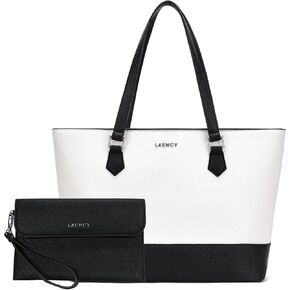 حقيبة يد نسائية - حقيبة يد من الجلد الصناعي ذات سعة كبيرة، تصميم أنيق باللونين الأبيض والأسود، إغلاق بسحاب، مثالية للعمل والاستخدام اليومي، تتضمن حقيبة يد قابلة للفصل in Kuwait