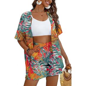 Women's 2 Piece Hawaiian Beach Cover Up Vacation Outfits Swimsuit Tropical Print Kimono Top & Elastic Waist Shorts in Kuwait