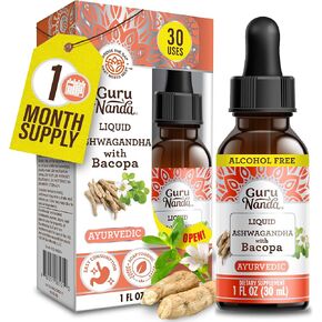 GuruNanda Liquid Ashwagandha with Bacopa (1 Fl Oz) - Natural Dietary Supplement- Liquid Extract Drops - for Men & Women- Vegan & Alcohol-Free - Aids in Immune, Focus & Relaxation Support in Kuwait