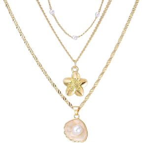 Hibiscus Stack Necklace for Women Gold Flower Necklace Waterproof Beach Vacation Layered Necklace Jewelry in Kuwait