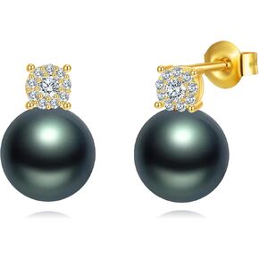 10K Solid Gold Tahitian Black Pearl Earrings for Women, Yellow Gold Moissanite 8mm Black Pearl Pendant Earrings, Jewelry Gift Anniversary Birthday Christmas for Wife Mom Girlfriend in Saudi Arabia