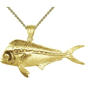 Sterling Silver Yellow Gold Plated 1mm Cable Chain Necklace w/Mahi Mahi Fish 3D (3 Dimensional) Solid Pendant in Kuwait