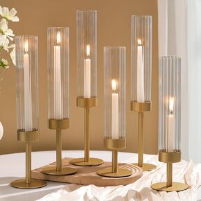 مجموعة حوامل شموع زجاجية من Volens Hurricane مكونة من 6 حوامل شموع مستدقة ذهبية مع أسطوانة مضلعة مقاومة للرياح لشموع مستدقة مقاس 10 بوصات، ديكورات منزلية لطاولة الزفاف in Kuwait