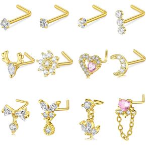 Zolure Nose Rings L Shape Nose Studs for Women Stainless Steel Body Piercing Jewelry Butterfly Flower Heart Moon Dangle Cute Pink Clear CZ in Kuwait