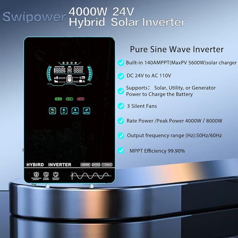 4000W Hybrid Solar Inverter 24V DC to 110V AC Pure Sine Wave, 6.25" Touch LCD with Glass Top, 140A MPPT Charge Controller, Home RV Cabin Use, Battery-Less/Lithium/AGM Compatible in Saudi Arabia