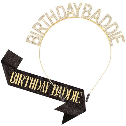 Aprince Birthday Baddie Sash and Tiara Crown for Women Girls Black Gold Happy Birthday Headband Accessiores Party Decorations in Kuwait