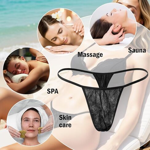200 PCS Disposable Thong Panties Women T Thong for Spa, Individually Wrapped, Breathable Non Woven Fabric Women's Disposable Underwear for Spray Tanning and Spa Treatments(Black) in Kuwait