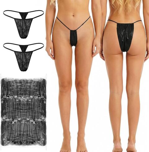 200 PCS Disposable Thong Panties Women T Thong for Spa, Individually Wrapped, Breathable Non Woven Fabric Women's Disposable Underwear for Spray Tanning and Spa Treatments(Black) in Kuwait