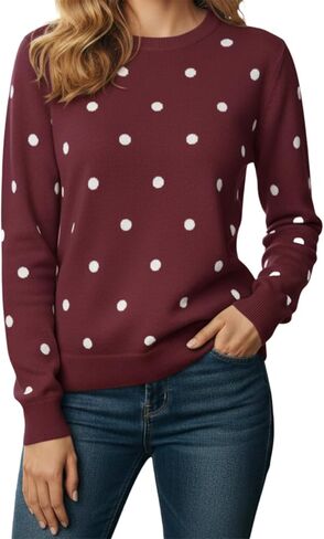 Women's Polka Dot Crewneck Sweater, Casual Long Sleeve Knit Pullover Top, Soft and Comfortable Everyday Wear in Kuwait