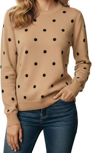 Women's Polka Dot Crewneck Sweater, Casual Long Sleeve Knit Pullover Top, Soft and Comfortable Everyday Wear in Kuwait