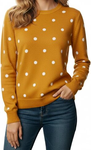 Women's Polka Dot Crewneck Sweater, Casual Long Sleeve Knit Pullover Top, Soft and Comfortable Everyday Wear in Kuwait