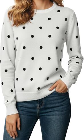 Women's Polka Dot Crewneck Sweater, Casual Long Sleeve Knit Pullover Top, Soft and Comfortable Everyday Wear in Kuwait