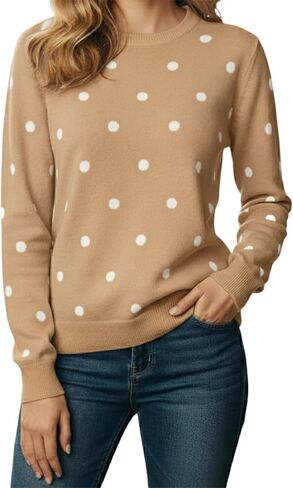 Women's Polka Dot Crewneck Sweater, Casual Long Sleeve Knit Pullover Top, Soft and Comfortable Everyday Wear in Kuwait