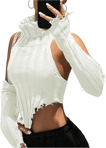 SHENHE Women's Sleeveless Turtleneck Ripped Sweater Vest Sexy Backless Halter Knit Crop Top Vest in Saudi Arabia