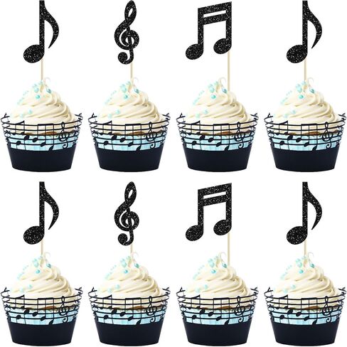 Gyufise 24pcs ملاحظات الموسيقى ملاحظات كب كيك أعلى الأقطار اللامعة الرمز الموسيقي cupcake اختيارات لموسيقى الروك الموسيقية الموسيقية الطفل دش زفاف عيد ميلاد الزخارف الكعكة اللوازم ملونة in Kuwait