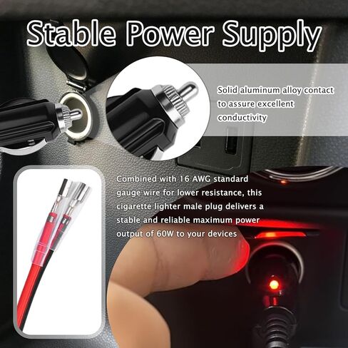 2 Pack 12V Cigarette Lighter Plug with LED Indicator & 15A Fuse,16AWG 60W 24/12V Plug Connector Replacement,Universal Cigarette Lighter Male Plugs for Car Vacuum/Tire Inflator in Kuwait