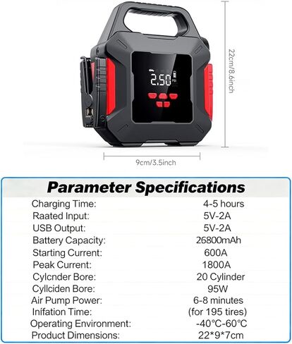 10000 أمبير 26800 مللي أمبير في الساعة، حزمة طاقة محمولة 12 فولت 160 رطل لكل بوصة مربعة مع شاشة LED وكابلات ذكية، ضاغط هواء، حزمة بطارية مصابيح LED لجميع السيارات والشاحنات وسيارات الدفع الرباعي والقوارب والمركبات الترفيهية ومحركات الديزل 10 لتر in Kuwait