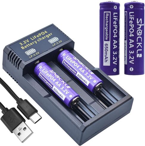 Shockli AA 3.2V Rechargeable Solar Battery with LiFePO4 Charger, AA 3.2 Volt LiFePO4 Solar Battery (4-Pack) for Panel Outdoor Garden Lights in Kuwait