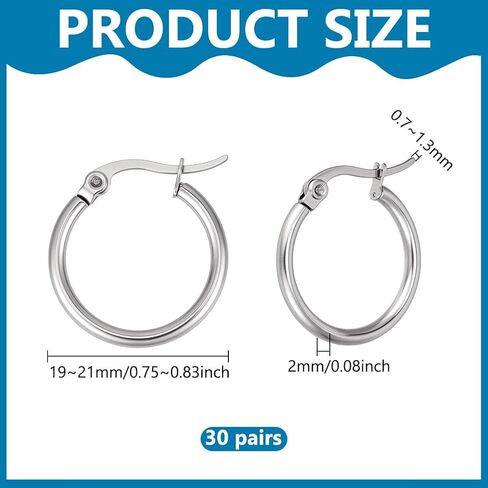 PH PandaHall 30 Pairs Stainless Steel Hoop Earrings for Women Platinum Dangle Earrings Set Jewelry Accessories 19-21mm for Daily Wear Party Christmas Mother's Day Gift Decor in Saudi Arabia