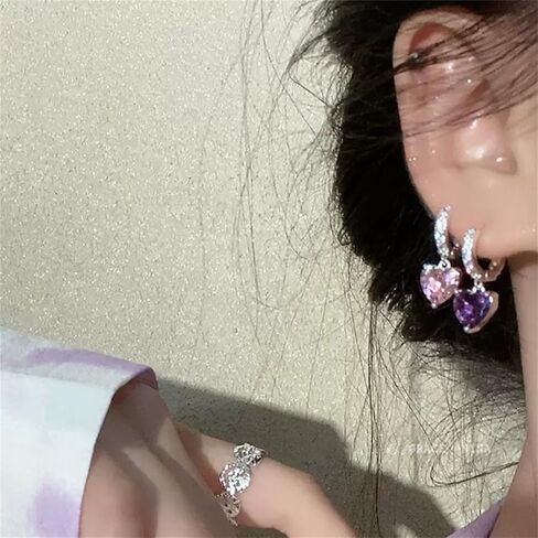 Heart Earrings for Women Trendy Love Crystal Purple Pink Green Dangling Cubic Zirconia Hoop Earrings Bling Holiday Jewelry Gifts in Saudi Arabia