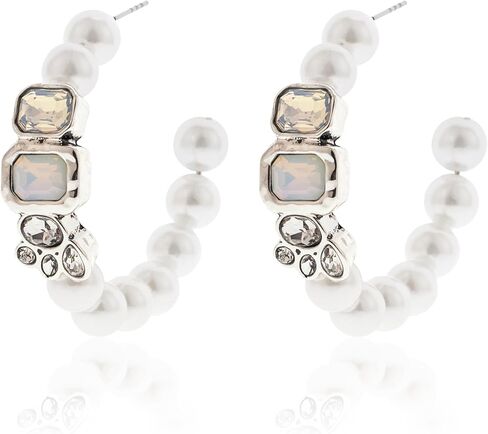 أقراط دائرية من اللؤلؤ، حلقات لؤلؤية كبيرة مع لمسة كريستالية، مجوهرات كلاسيكية فضية اللون للنساء in Kuwait