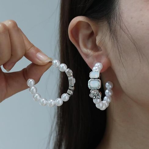 أقراط دائرية من اللؤلؤ، حلقات لؤلؤية كبيرة مع لمسة كريستالية، مجوهرات كلاسيكية فضية اللون للنساء in Kuwait