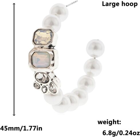 أقراط دائرية من اللؤلؤ، حلقات لؤلؤية كبيرة مع لمسة كريستالية، مجوهرات كلاسيكية فضية اللون للنساء in Kuwait