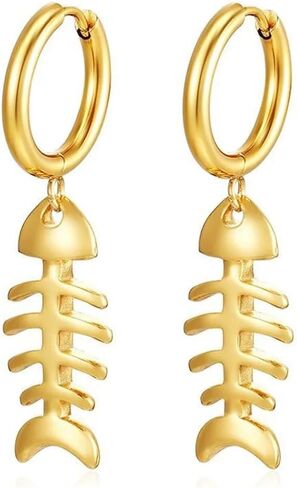 Stainless Steel Fishbone Dangling Huggie Hoop Earrings, Sold as a Pair in Kuwait