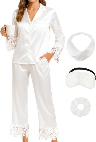 MORFORU Silk Pajamas for Women 2 Pcs Satin Pajama Set Flower Lace Trim Button Down Sleepwear Pjs Set Loungewear in Saudi Arabia