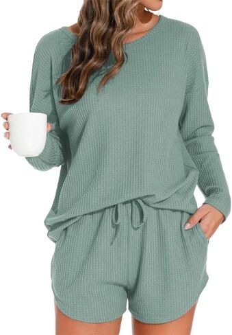 Waffle Knit Pajama Sets for Women Long Sleeve Top and Shorts Matching Lounge Set 2 Piece Sweatsuit with Pockets in Saudi Arabia