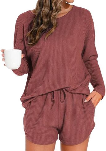 Waffle Knit Pajama Sets for Women Long Sleeve Top and Shorts Matching Lounge Set 2 Piece Sweatsuit with Pockets in Saudi Arabia