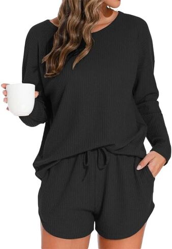 Waffle Knit Pajama Sets for Women Long Sleeve Top and Shorts Matching Lounge Set 2 Piece Sweatsuit with Pockets in Saudi Arabia