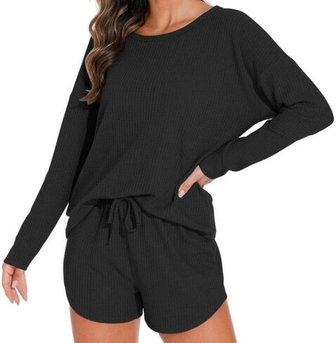 Waffle Knit Pajama Sets for Women Long Sleeve Top and Shorts Matching Lounge Set 2 Piece Sweatsuit with Pockets in Saudi Arabia