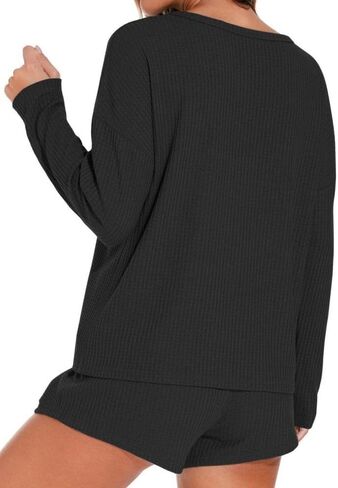 Waffle Knit Pajama Sets for Women Long Sleeve Top and Shorts Matching Lounge Set 2 Piece Sweatsuit with Pockets in Saudi Arabia