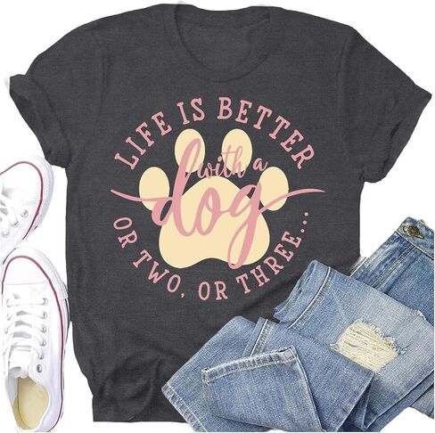 Dog Shirts for Women Dogs Mom Shirt Pet Paw Lover Tees Life is Better with a Dog Short Sleeves in Saudi Arabia