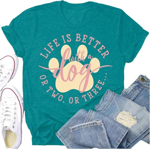 Dog Shirts for Women Dogs Mom Shirt Pet Paw Lover Tees Life is Better with a Dog Short Sleeves in Saudi Arabia