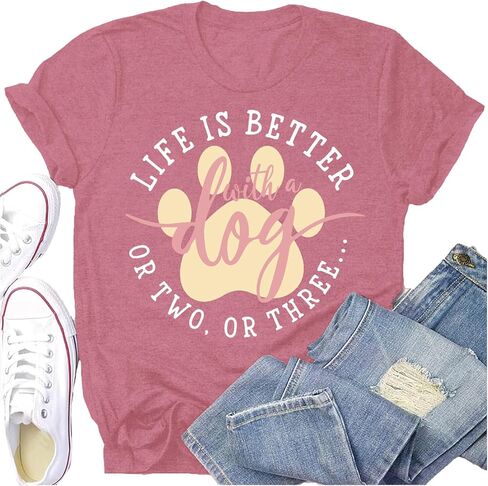 Dog Shirts for Women Dogs Mom Shirt Pet Paw Lover Tees Life is Better with a Dog Short Sleeves in Saudi Arabia