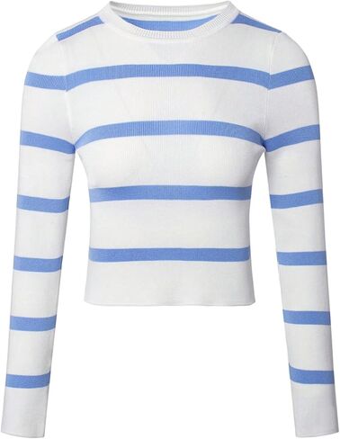 Milumia Women's Striped Long Sleeve Crop Top Ribbed Knit Crewneck Fitted Casual Tee Tops in Kuwait