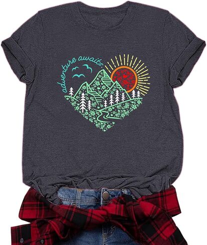 Women's Vintage Adventure Awaits Graphic Tee, Kindness Heart Mountain Nature Shirt for Hiking Travel Workout Tops in Saudi Arabia