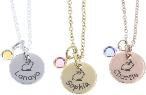 قلادة DistinctlyIvy Bunny - اسم شخصي، لون كريستالي - قرص 12 مم محفور بالليزر - مجوهرات هدايا سلة عيد الفصح على شكل أرنب للحيوانات الأليفة - DGR in Kuwait